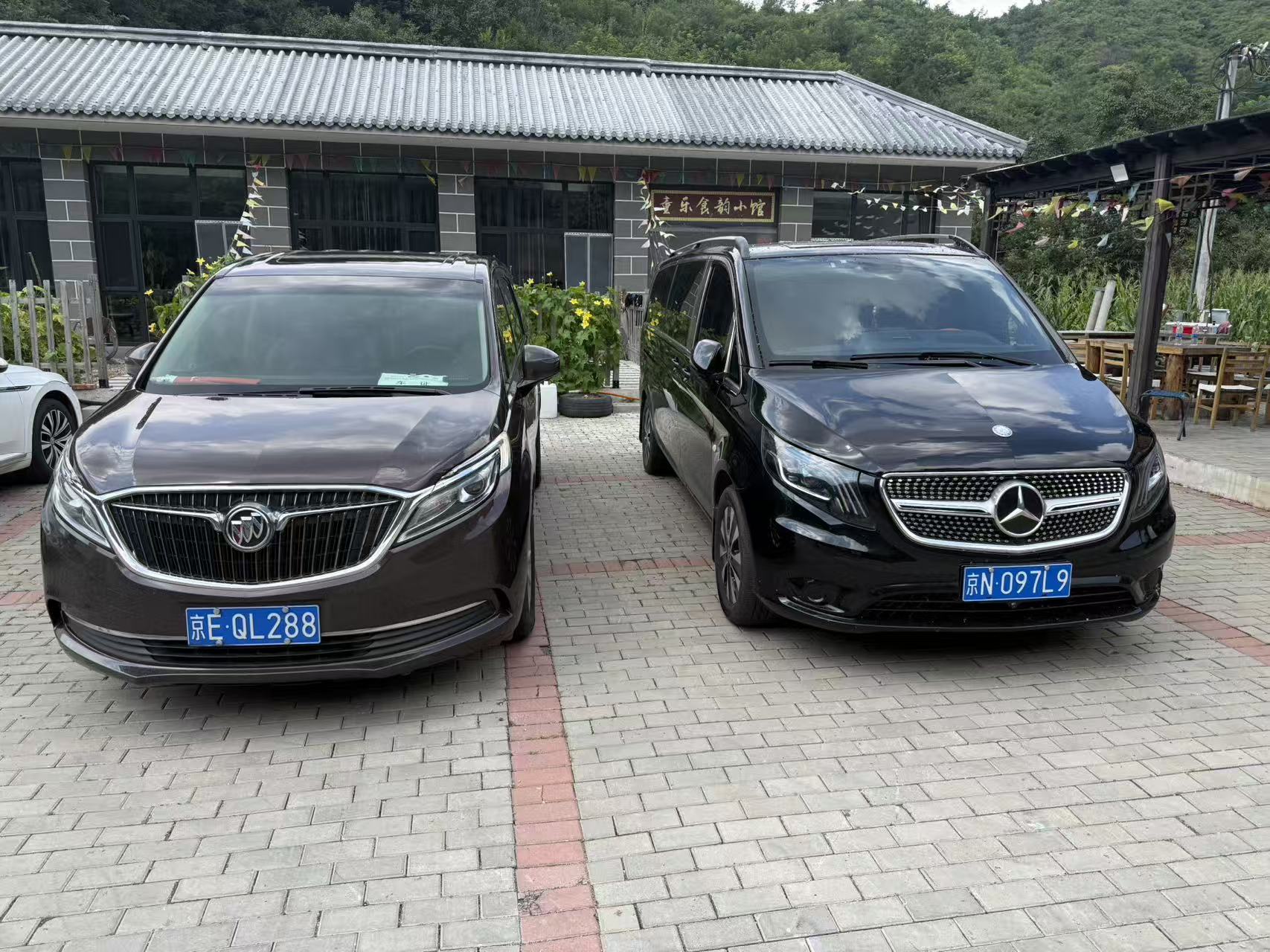 Buick and Mercedes-Benz minivans parked side by side at a countryside stop