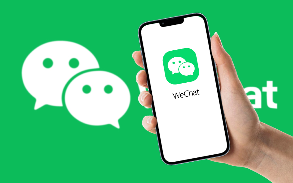 WeChat app displayed on a phone against a green background with the WeChat logo